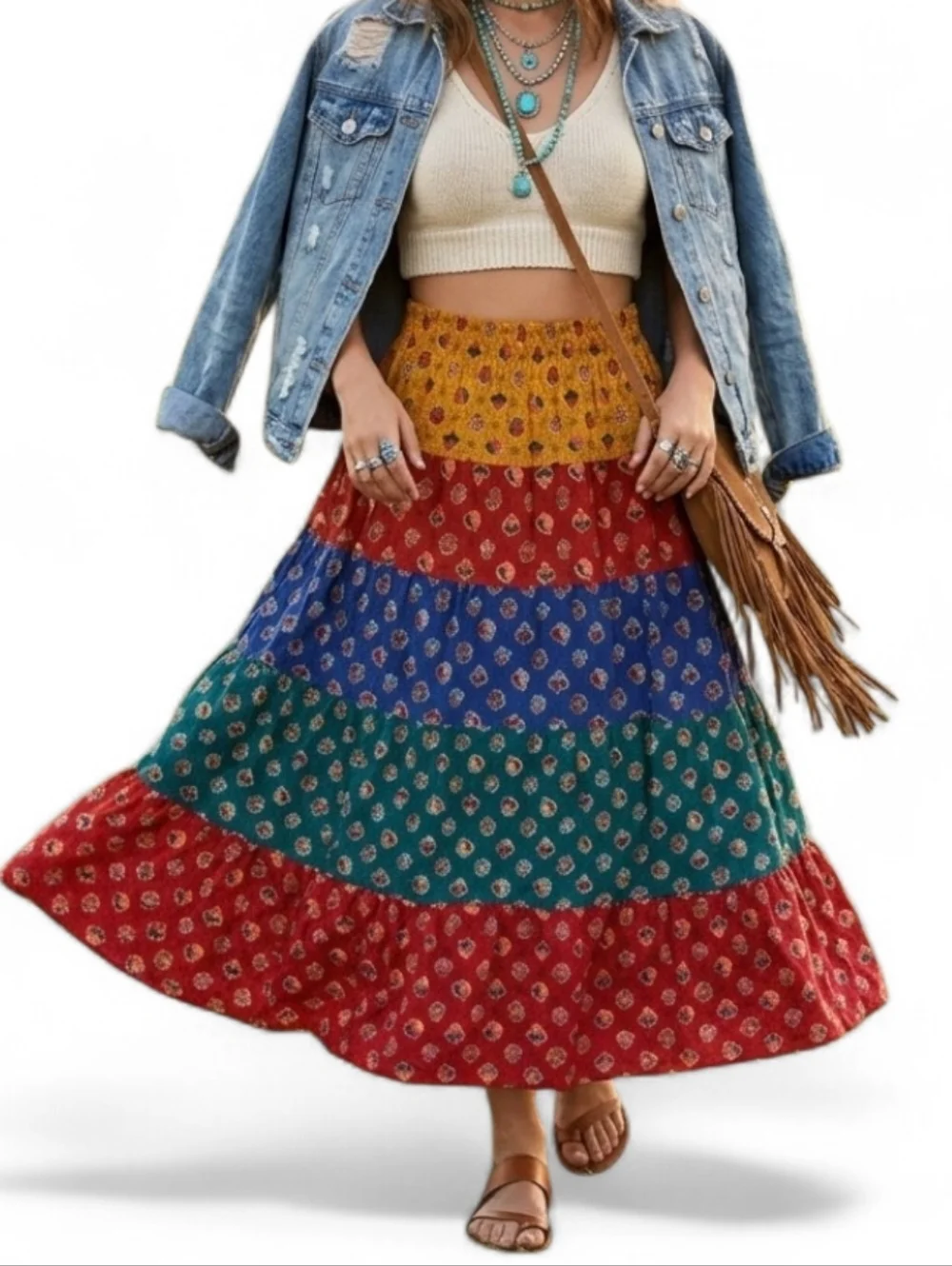 Vintage Floral Tiered Maxi Skirt Boho Hippie Cottagcore Multi Color